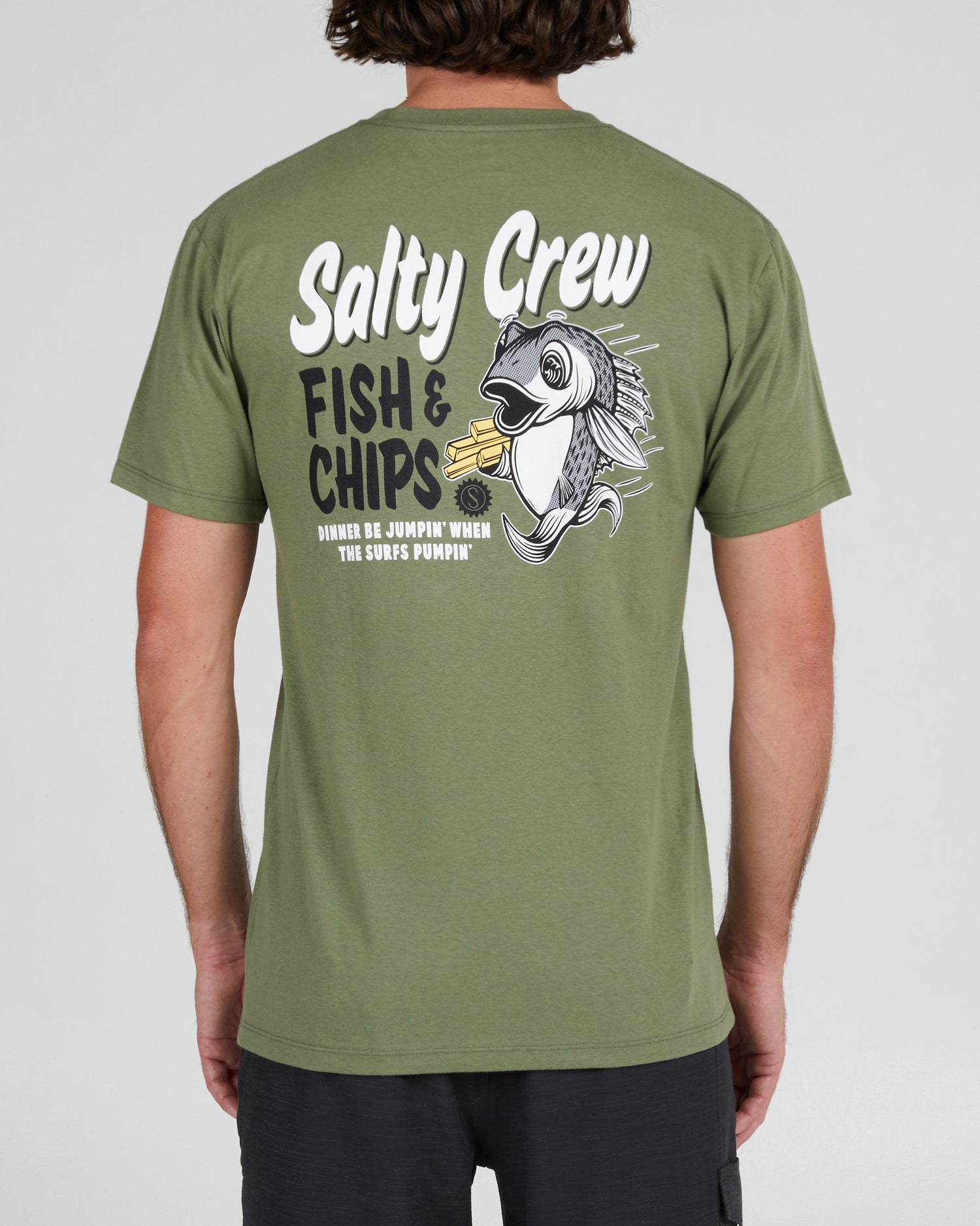 On body back of the Fish and Chips Sage Green S/S Premium Tee