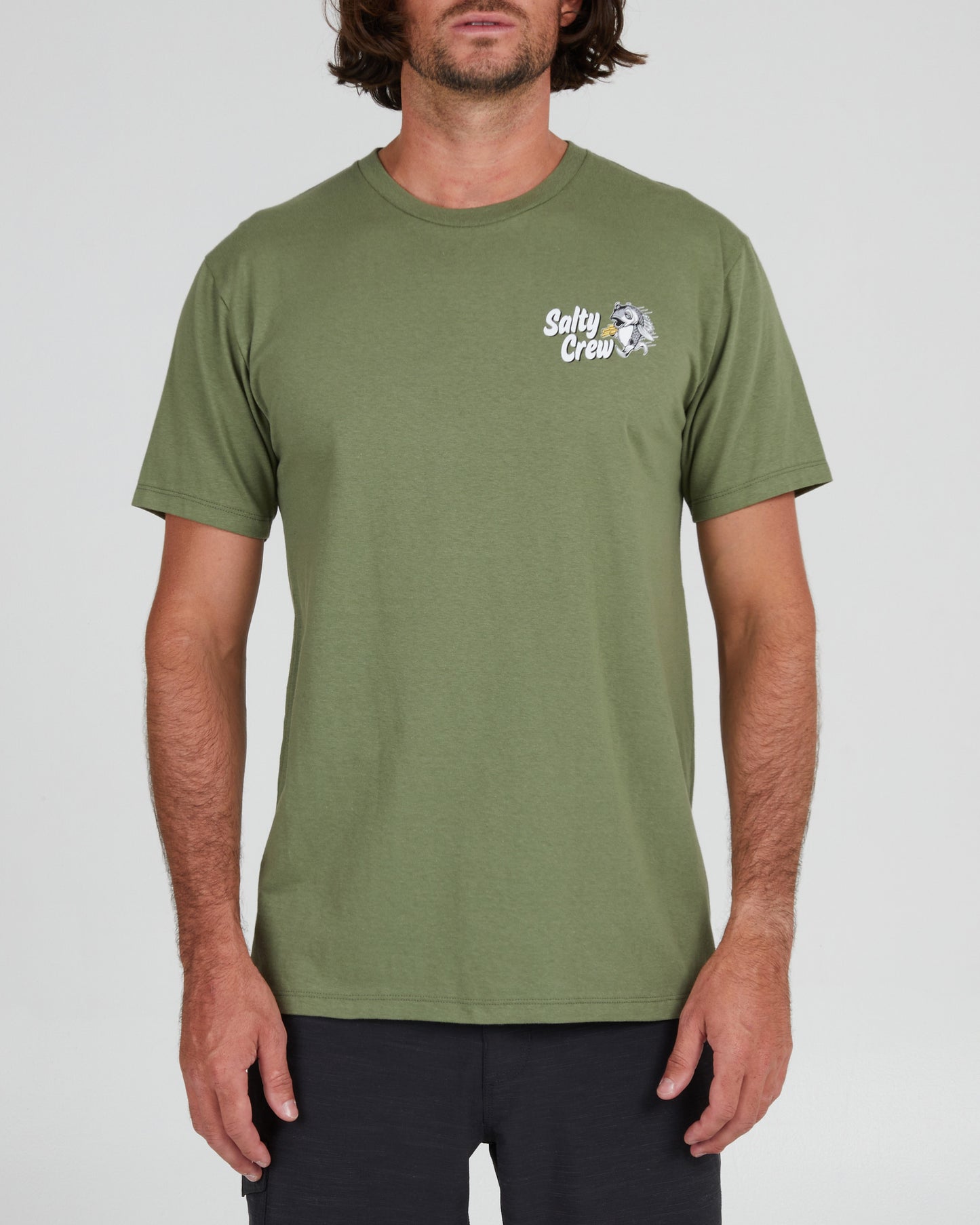 On body front of the Fish and Chips Sage Green S/S Premium Tee