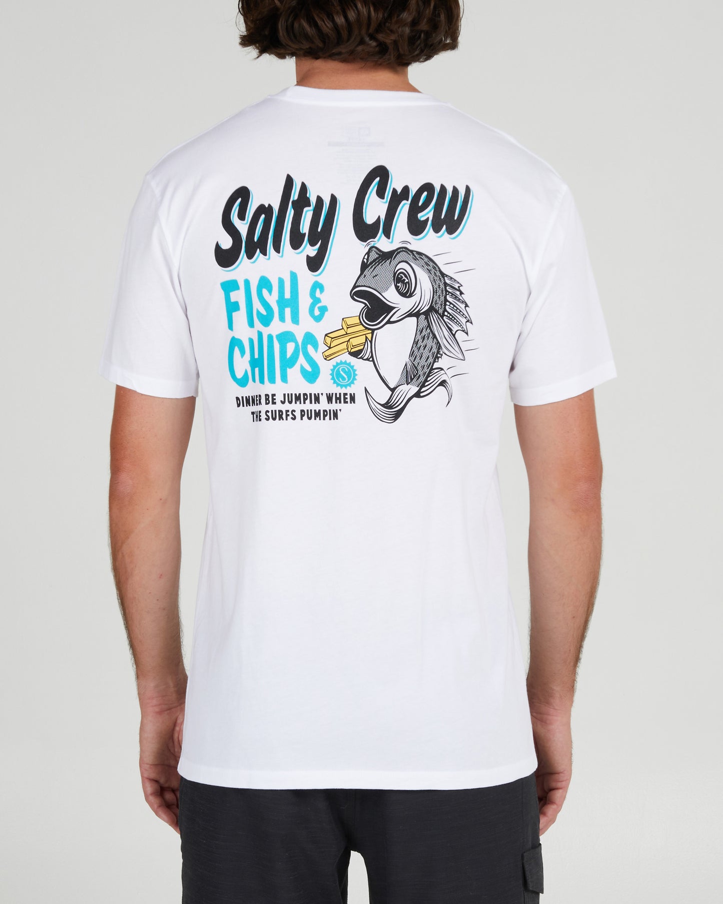On body back of the Fish and Chips White S/S Premium Tee