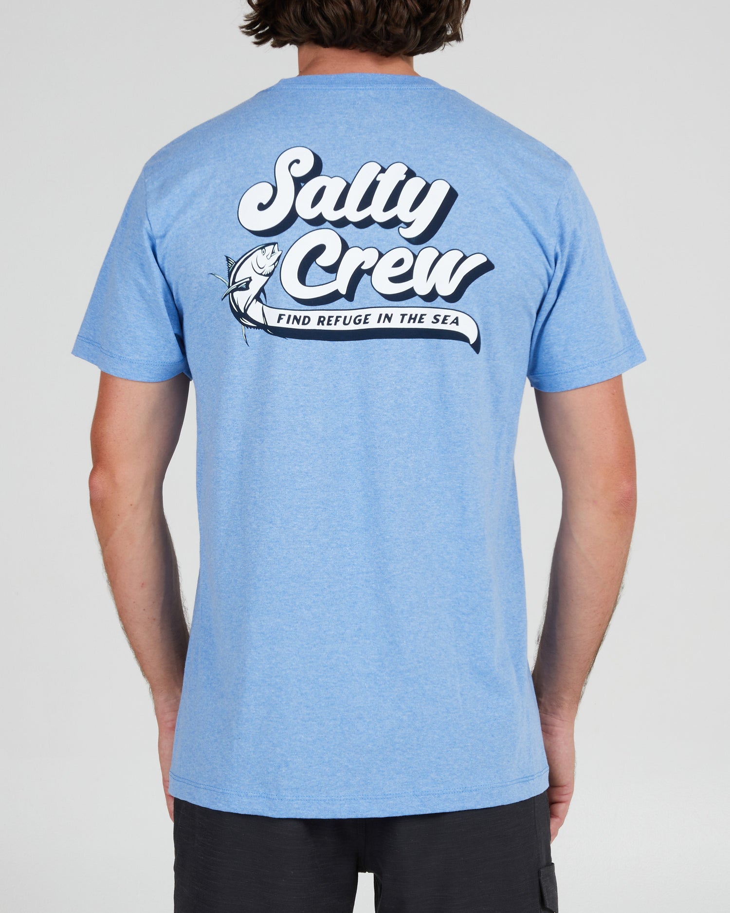 On body back of the Swift Water Light Blue Heather S/S Standard Tee