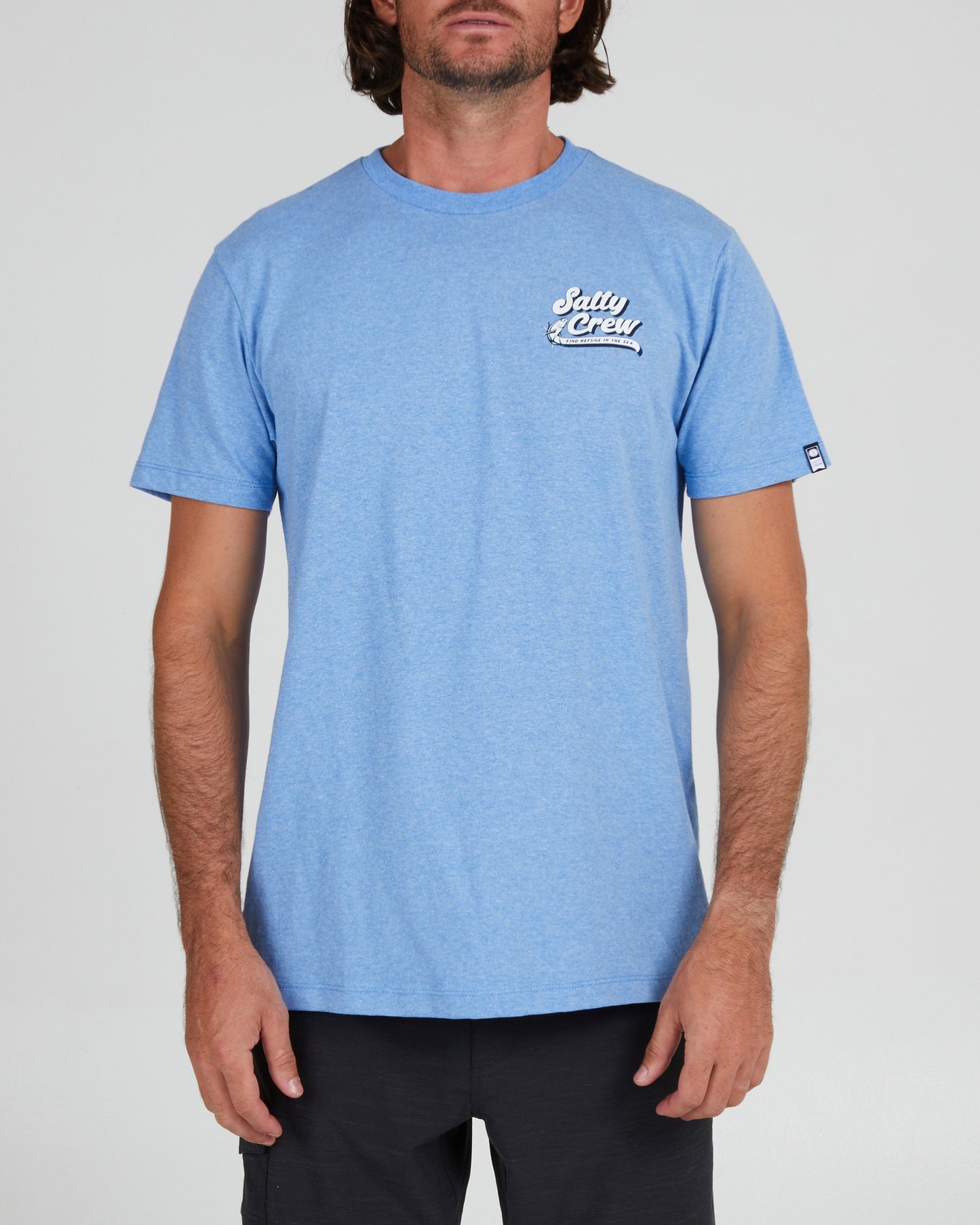 On body front of the Swift Water Light Blue Heather S/S Standard Tee