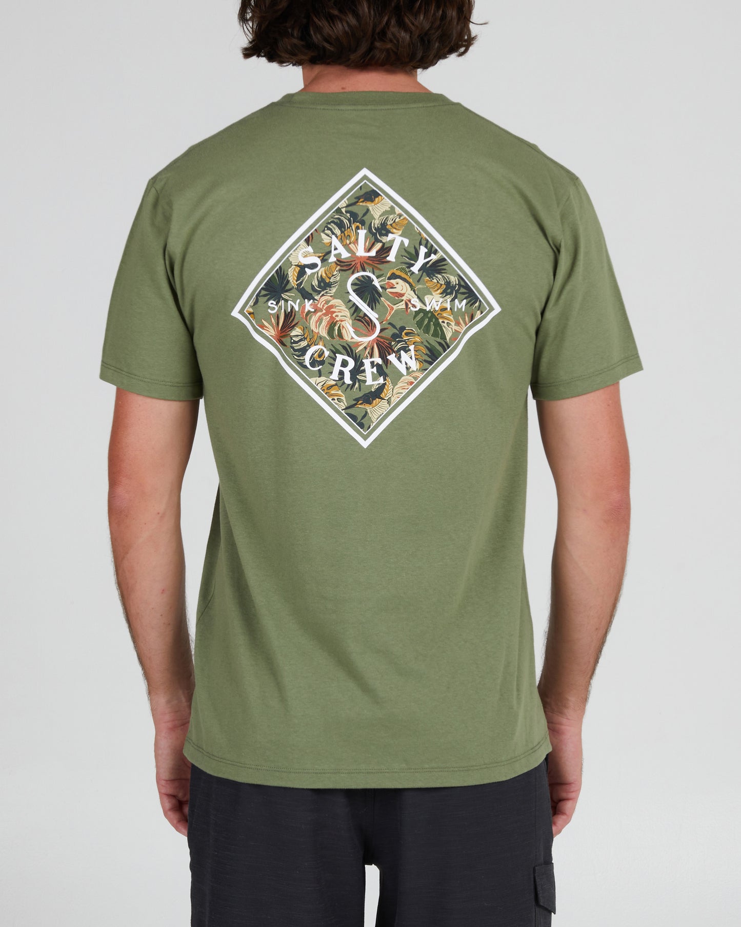back view of Tippet Shores Sage Green S/S Premium Tee