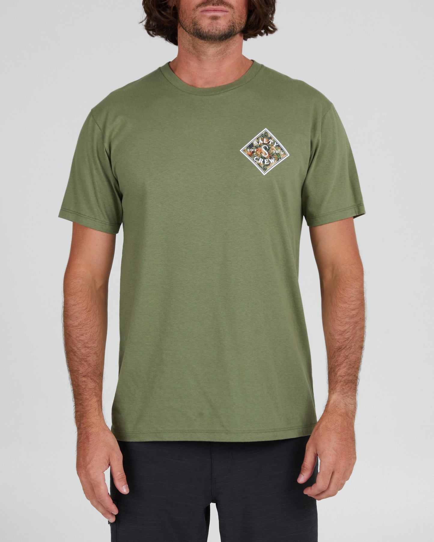 front view of Tippet Shores Sage Green S/S Premium Tee