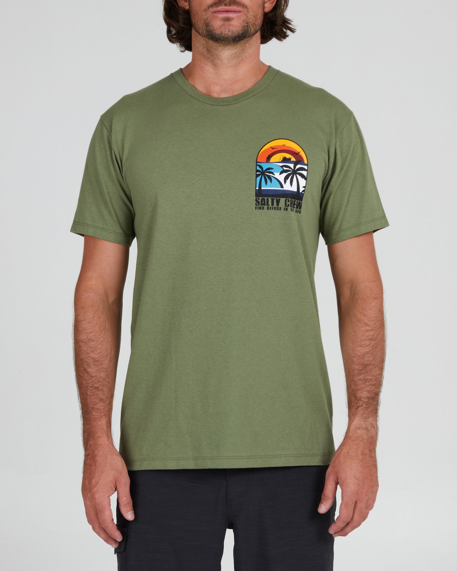 On body front of the Beach Day Sage Green S/S Premium Tee