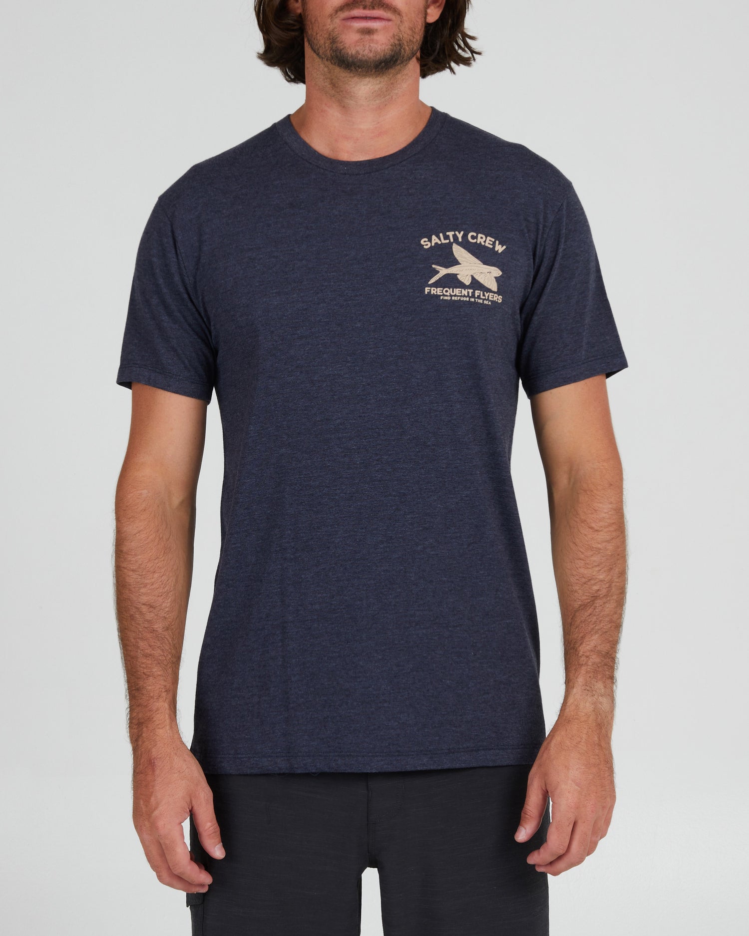 front view of Frequent Flyer Navy Heather S/S Premium Tee