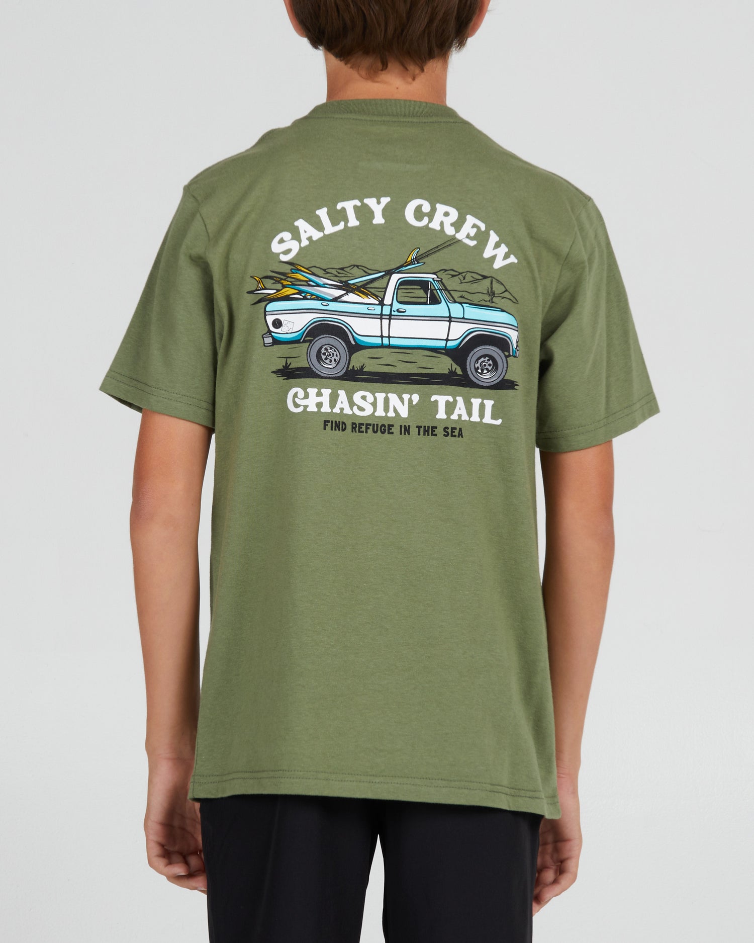 On body back of the Off Road Boys Sage Green S/S Tee