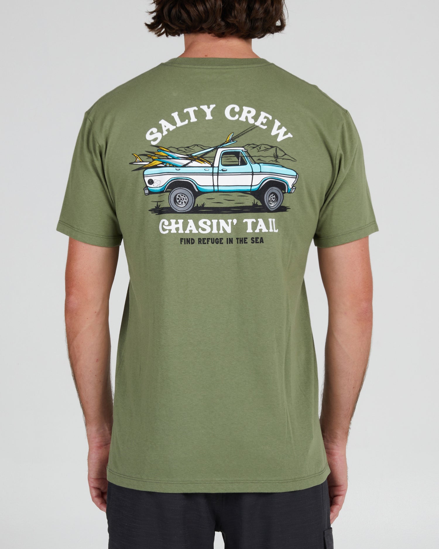 On body back of the Off Road Sage Green S/S Premium Tee