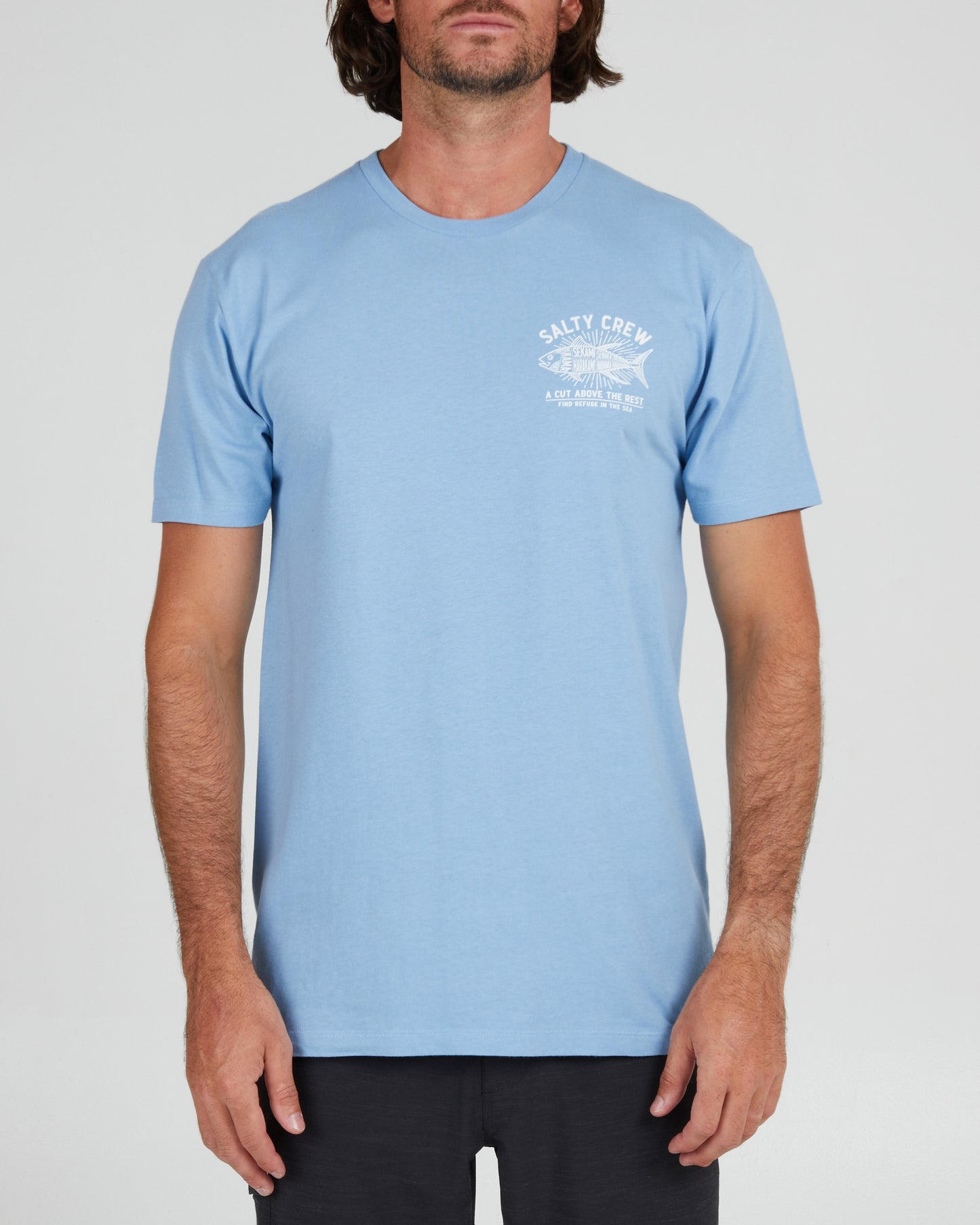 On body front of the Cut Above Marine Blue S/S Premium Tee