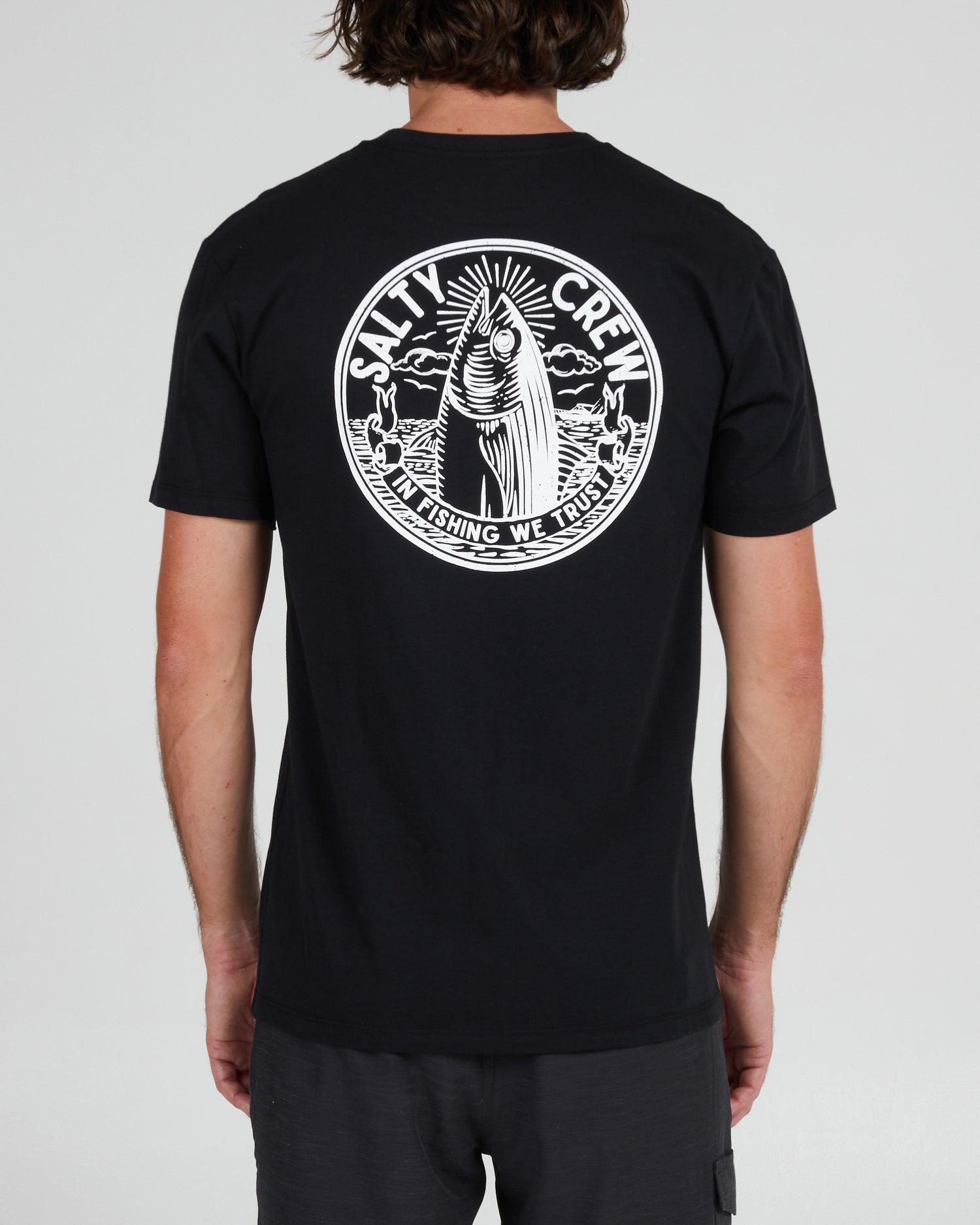 On body back of the In Fishing We Trust Black S/S Premium Tee