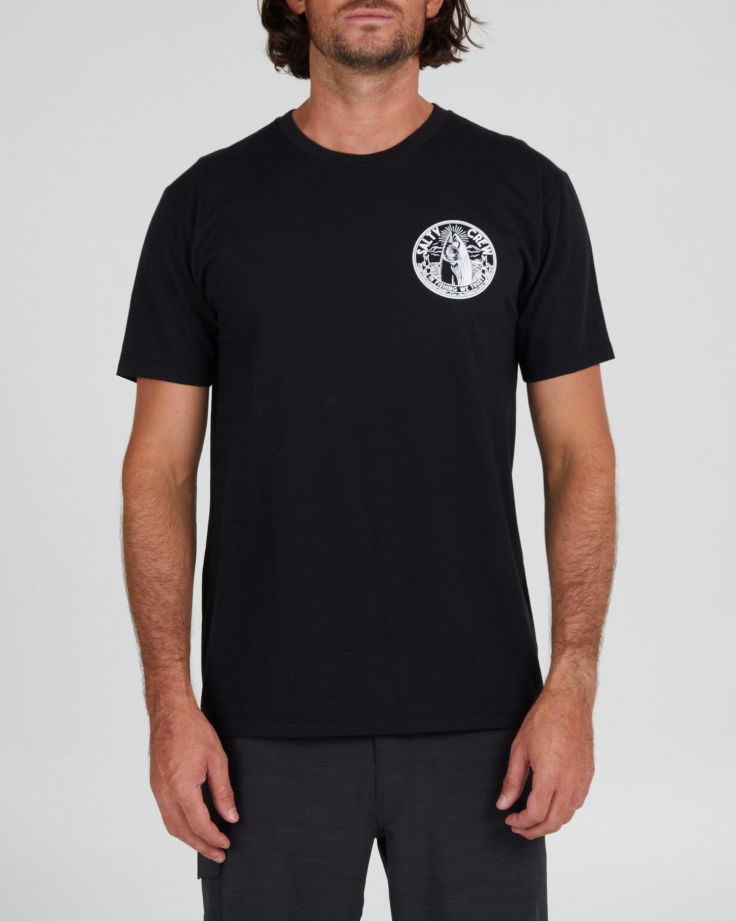 On body front of the In Fishing We Trust Black S/S Premium Tee