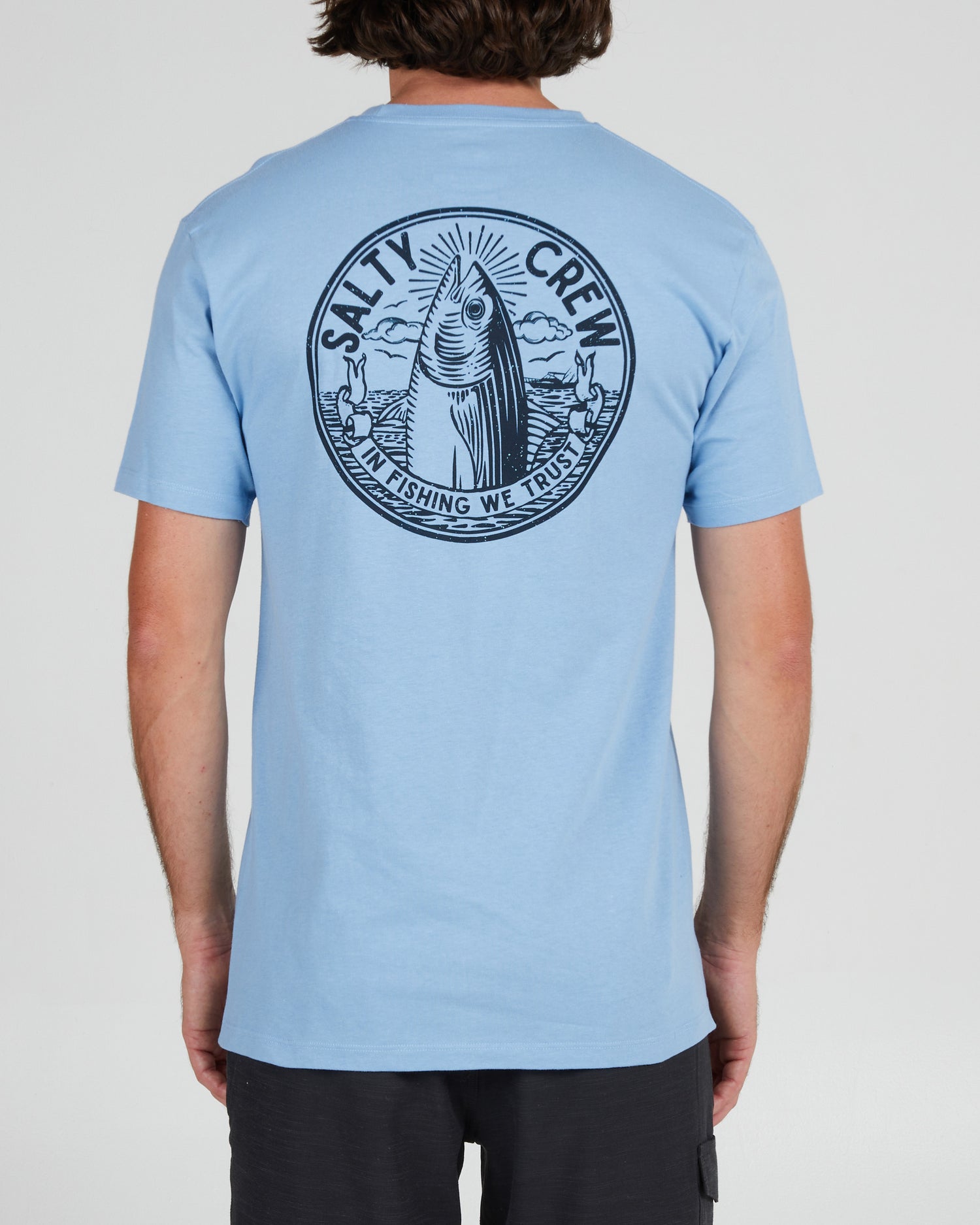 On body back of the In Fishing We Trust Marine Blue S/S Premium Tee