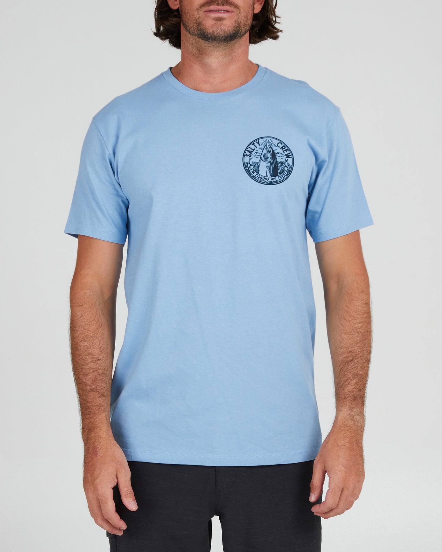 On body front of the In Fishing We Trust Marine Blue S/S Premium Tee