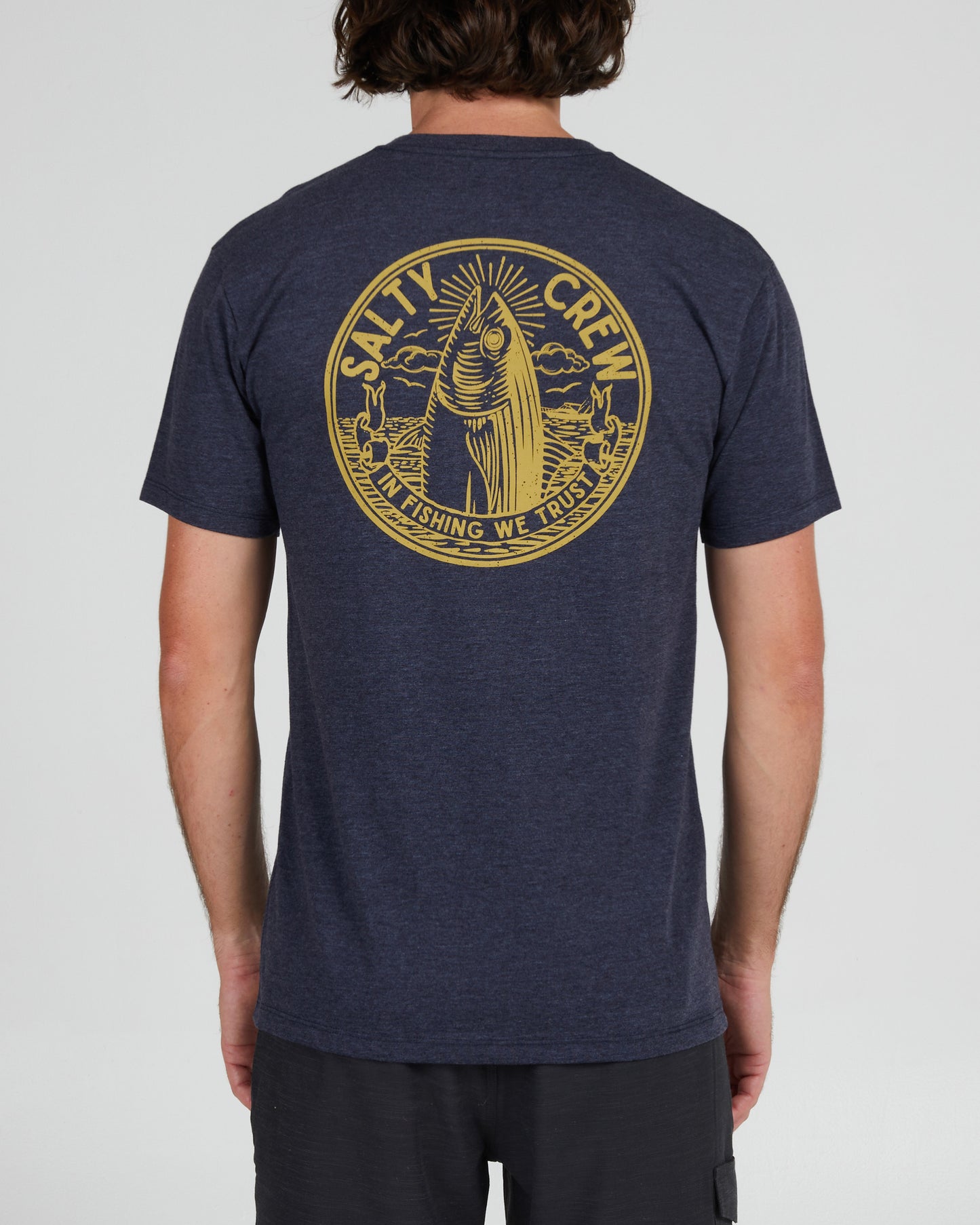 On body back of the In Fishing We Trust Navy Heather S/S Premium Tee