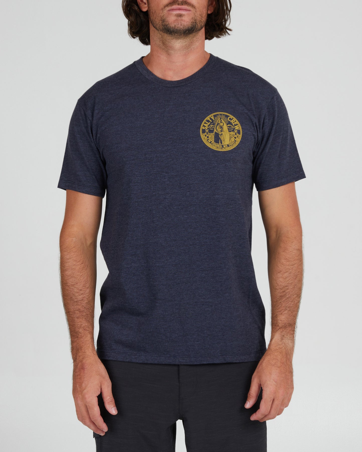 On body front of the In Fishing We Trust Navy Heather S/S Premium Tee