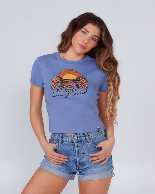 front view of On Vacation Blue Dusk Baby Tee