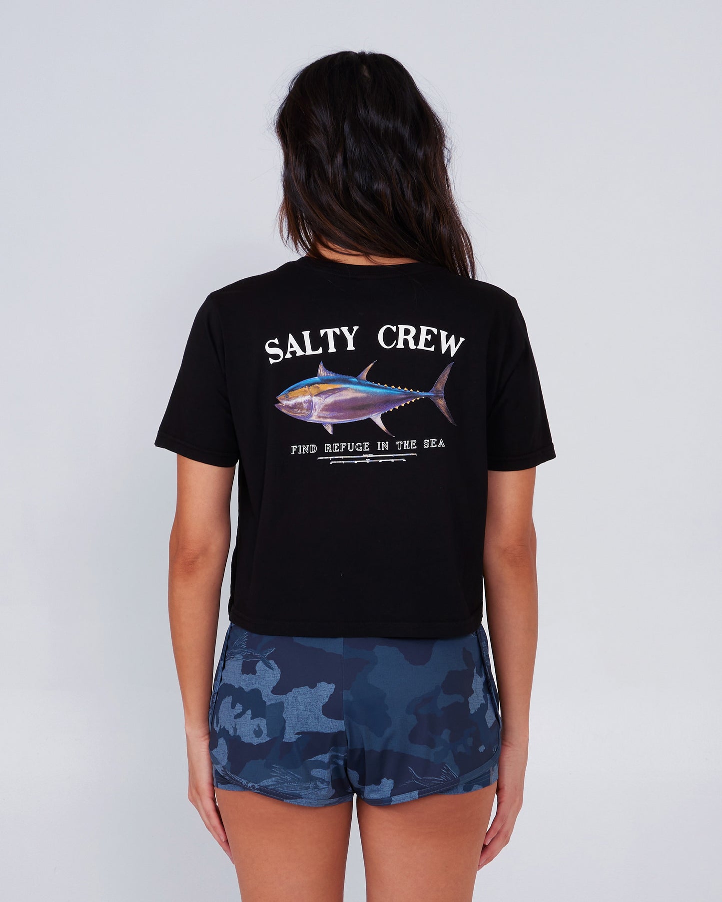 back view of Big Blue Black Crop Tee