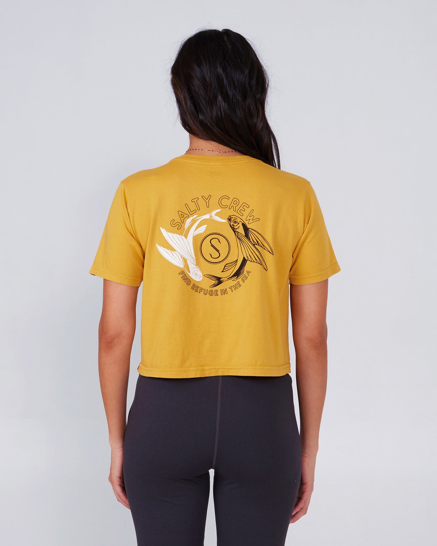 back view of Fin and Yang Baked Yellow Crop Tee