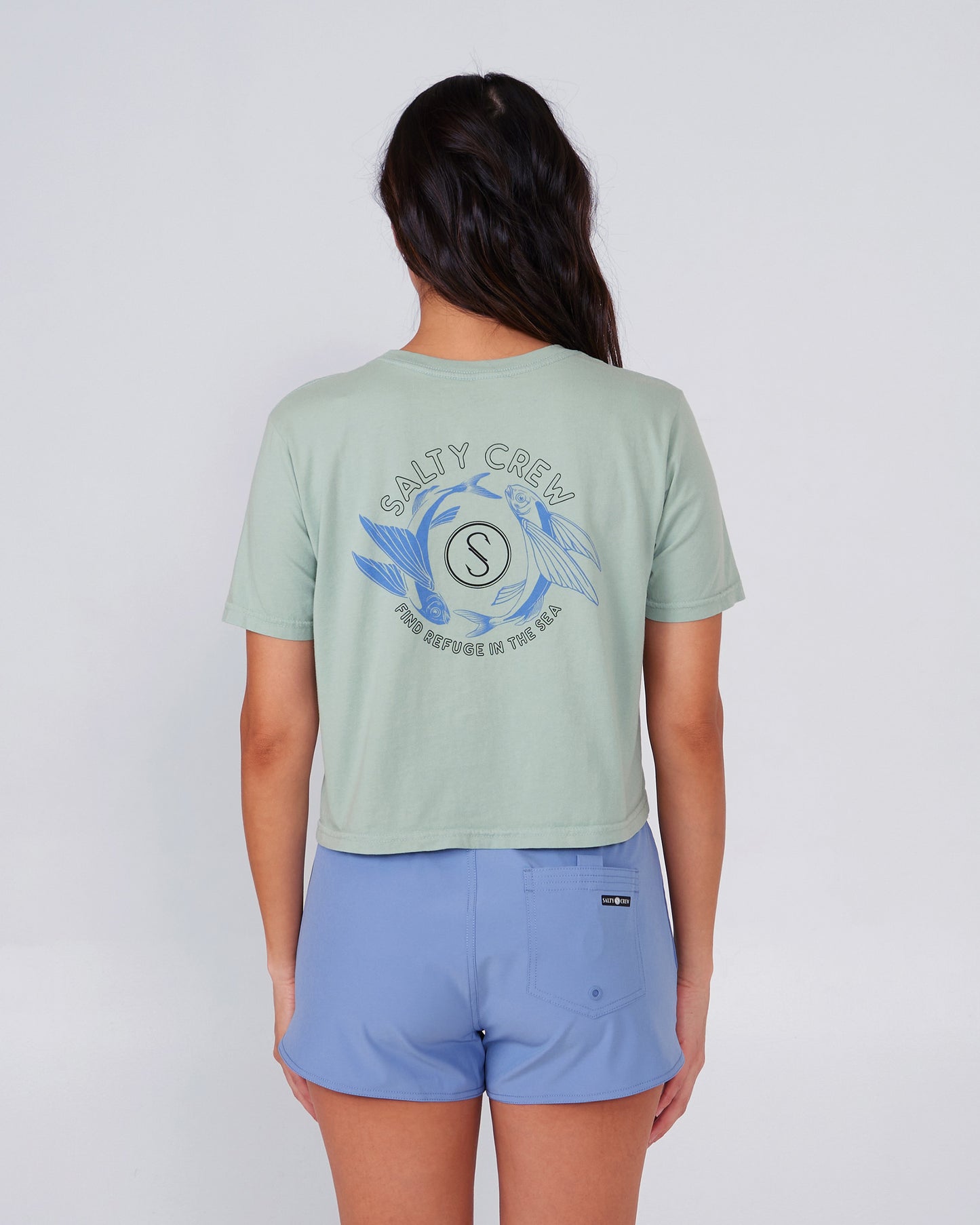 back view of Fin and Yang Jade Crop Tee