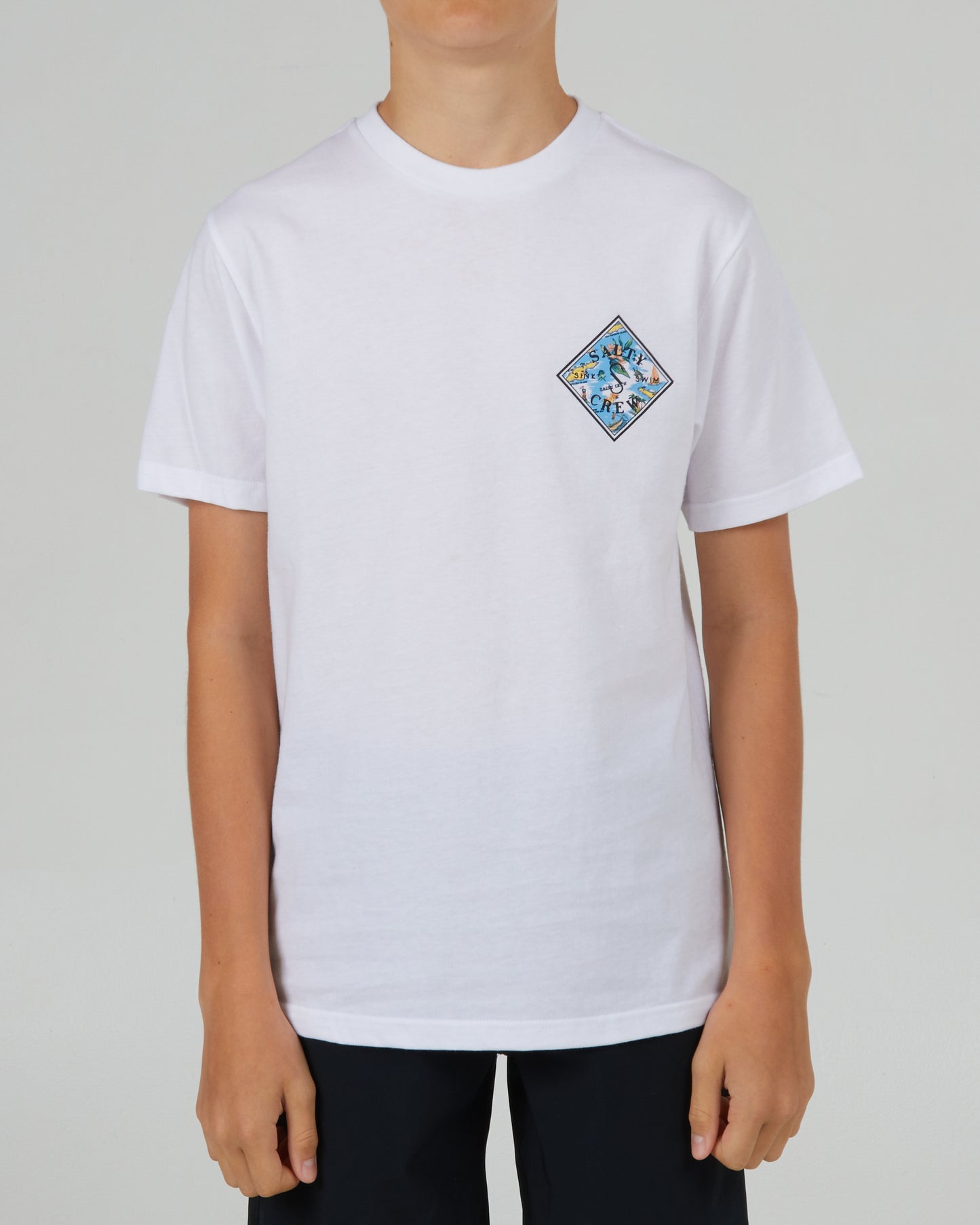 front view of Tippet Tropics Boys White S/S Tee