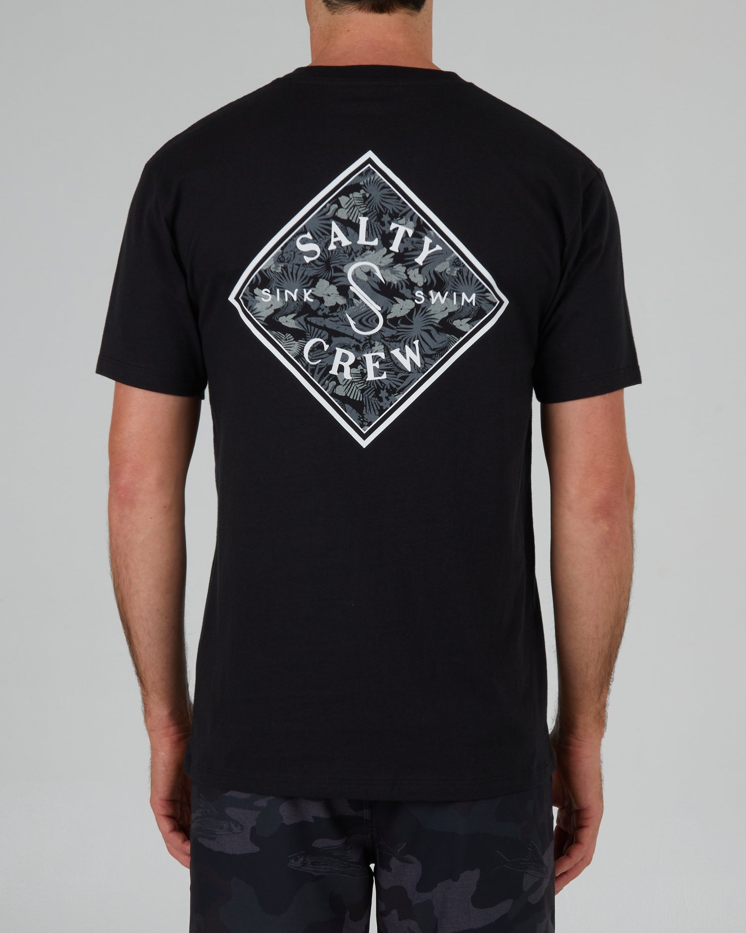 back view of Tippet Tropics Black S/S Premium Tee