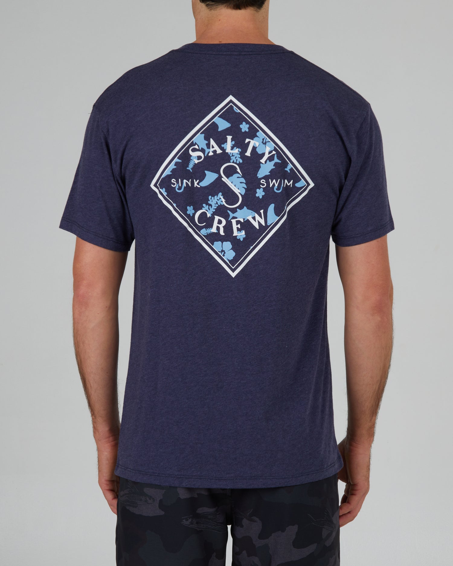 back view of Tippet Tropics Navy Heather S/S Premium Tee