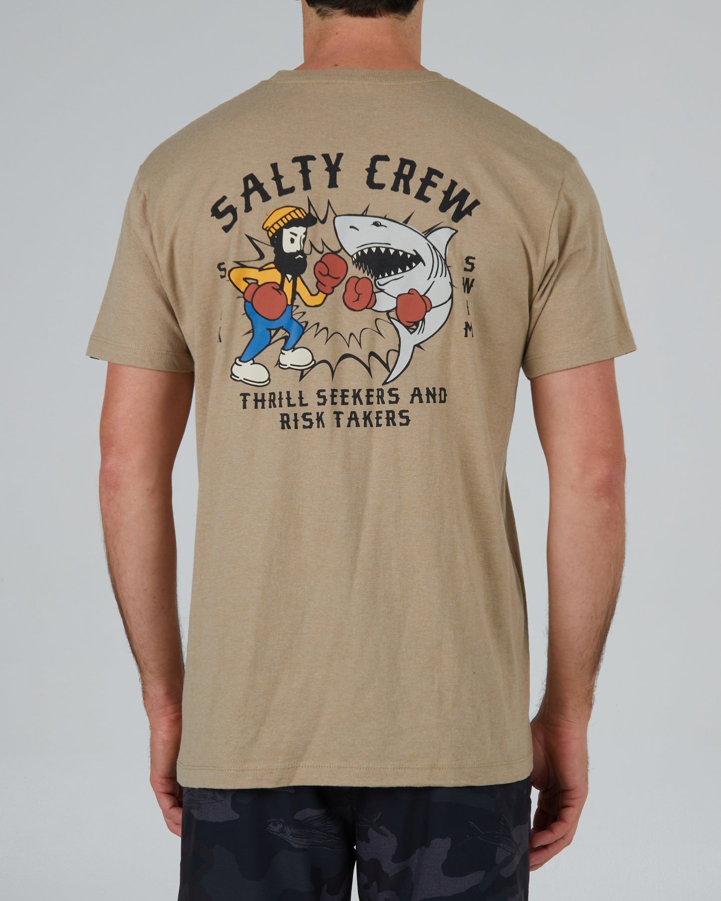 back view of Fish Fight Khaki Heather S/S Standard Tee