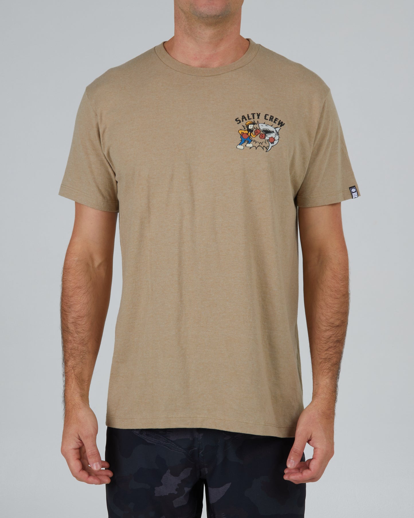 front view of Fish Fight Khaki Heather S/S Standard Tee