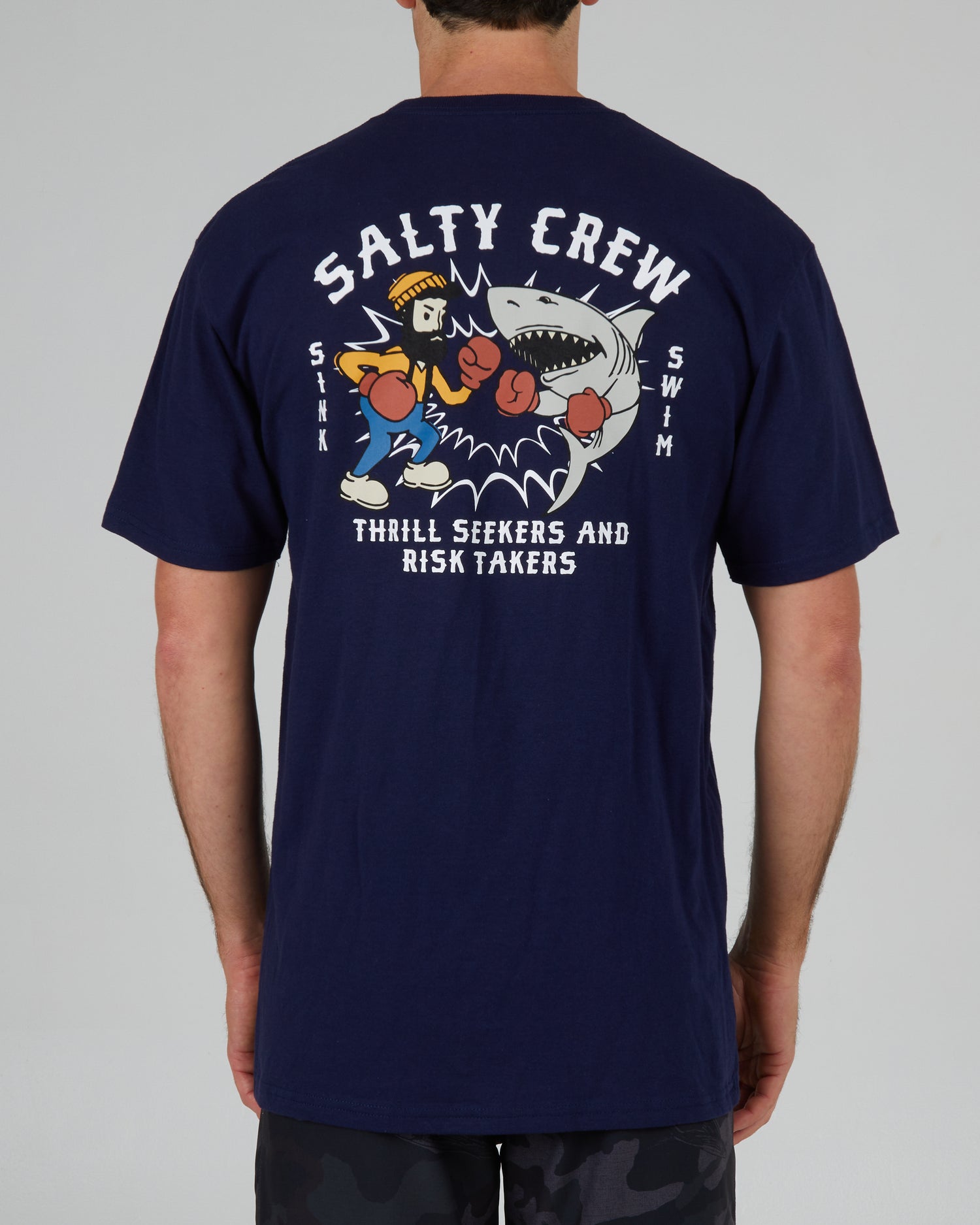 back view of Fish Fight Navy S/S Standard Tee