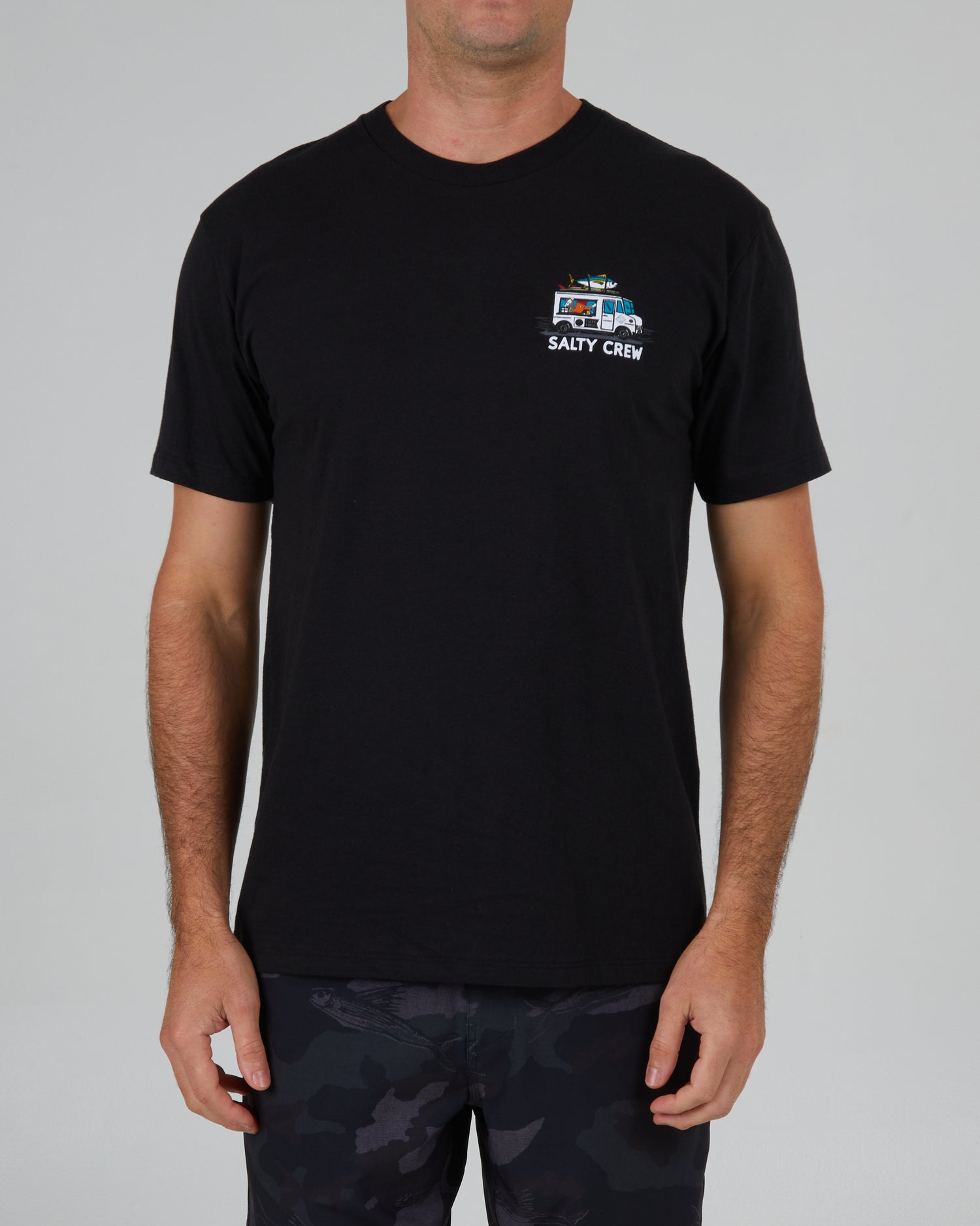 front view of Reels & Meals Black S/S Premium Tee