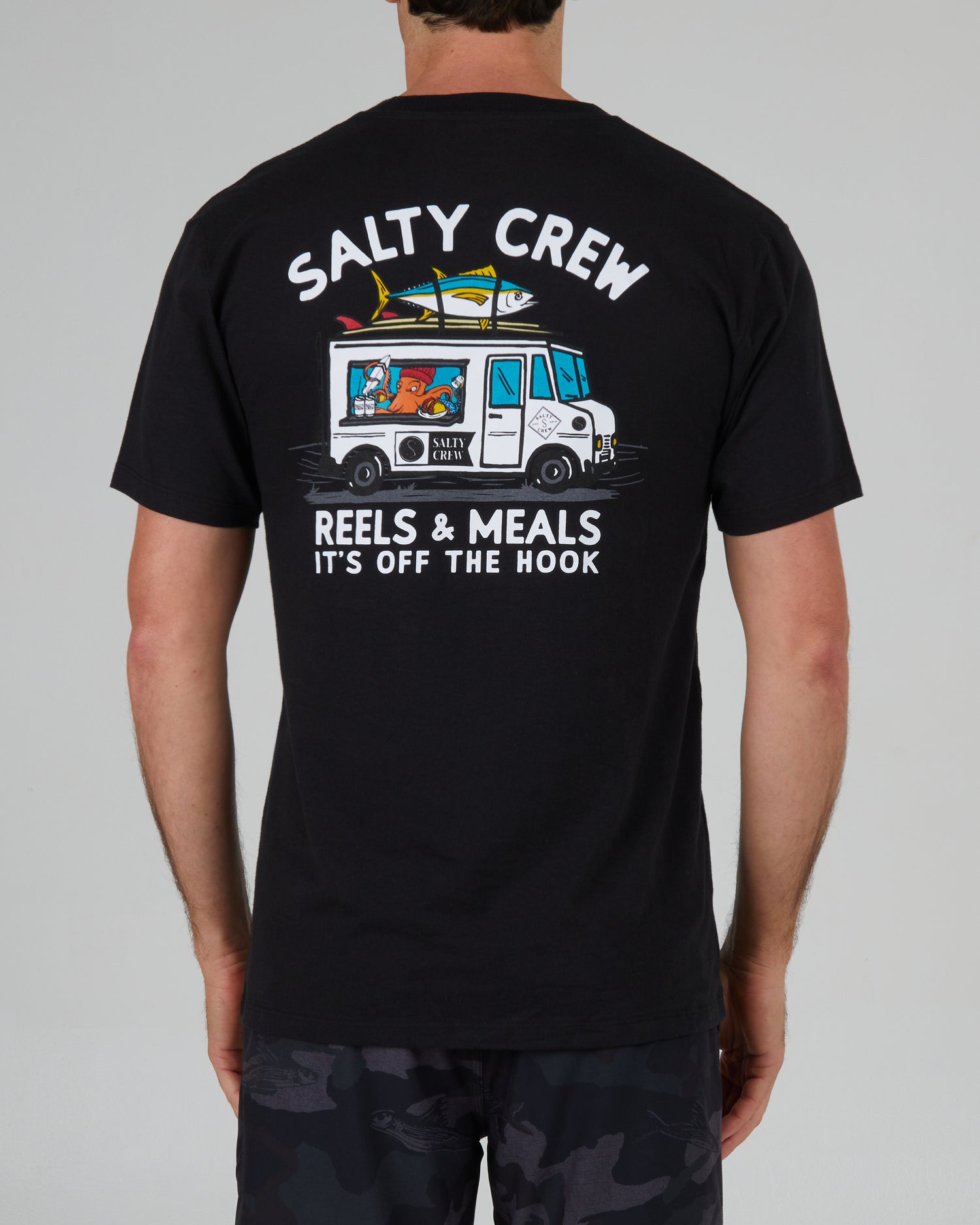 back graphic of Reels & Meals Black S/S Premium Tee