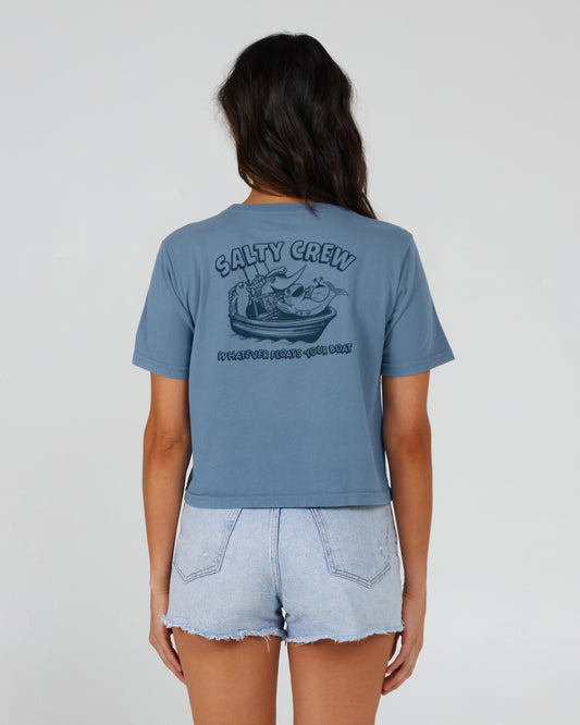 back view of Floats Your Boat Bluestone Crop Tee