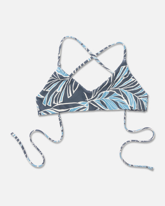 Studio image of the front of the Rattan Palms Reversible Bralette Top - Fin Blue. 