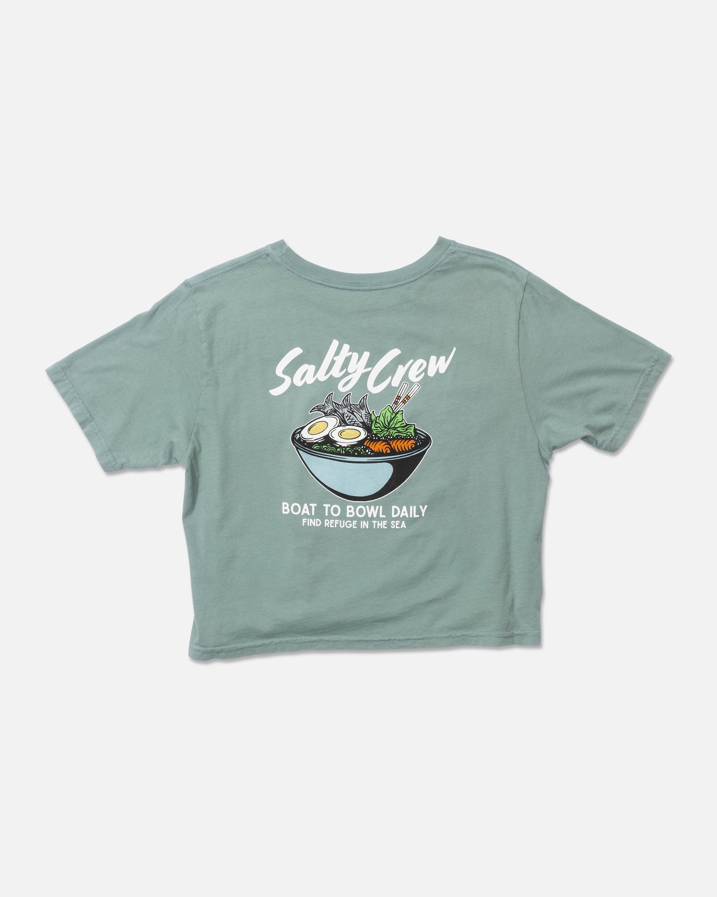 Back view of the Fish Bowl Crop Tee - Sage. 