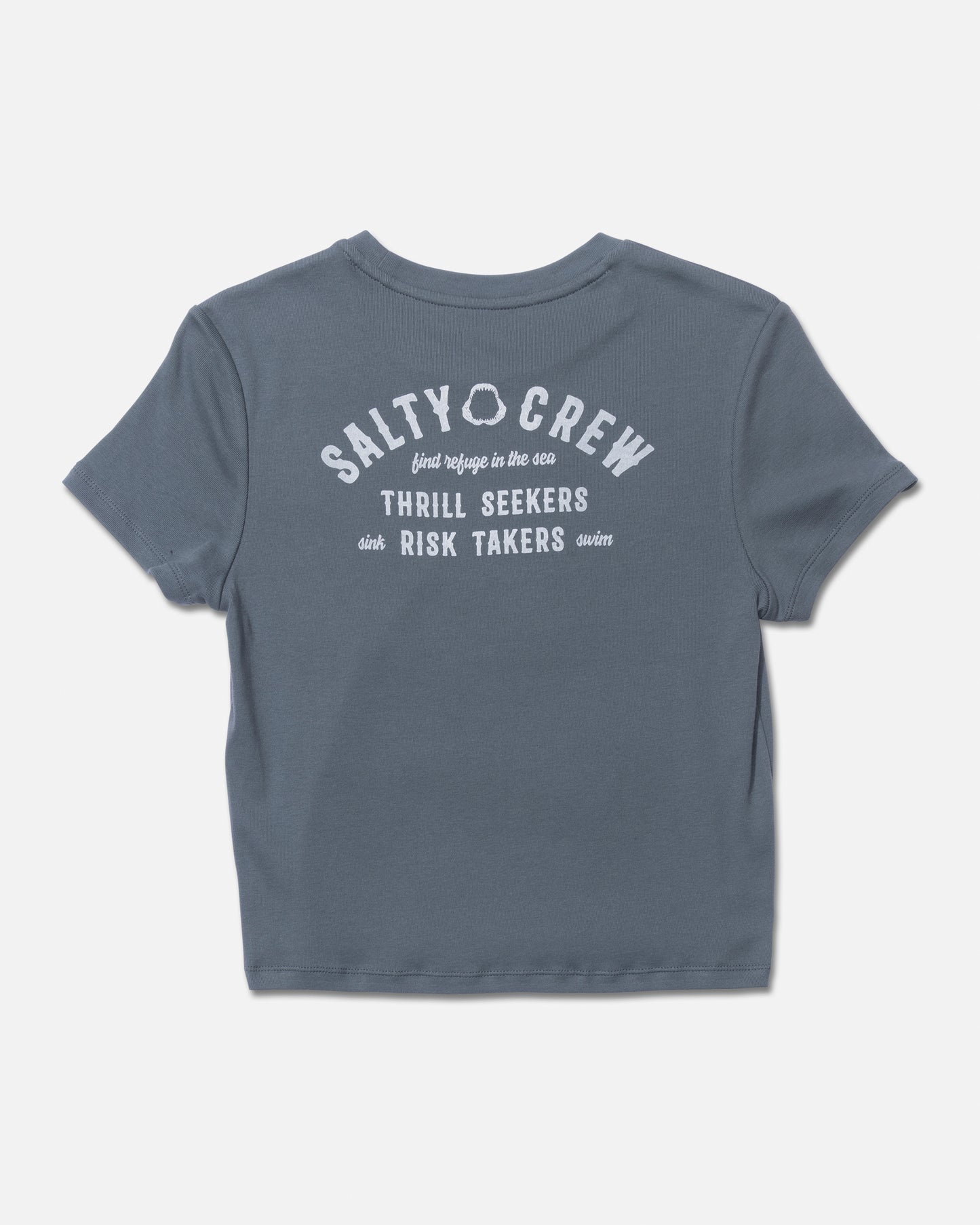 Back view of the Night Bite Baby Tee - Fin Blue. 