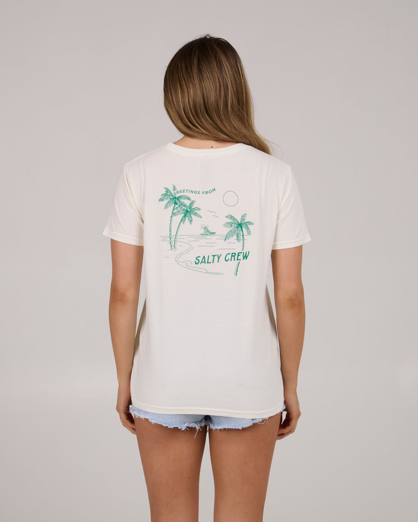 On body back view of Greetings Boyfriend Tee - Off White
