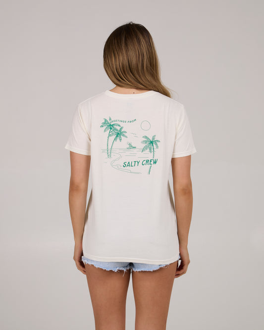 On body back view of Greetings Boyfriend Tee - Off White