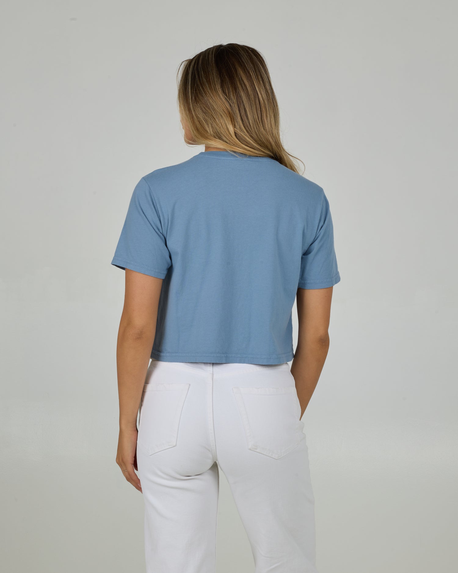 Back view of the Even Keel Crop Tee - Dusty Blue.