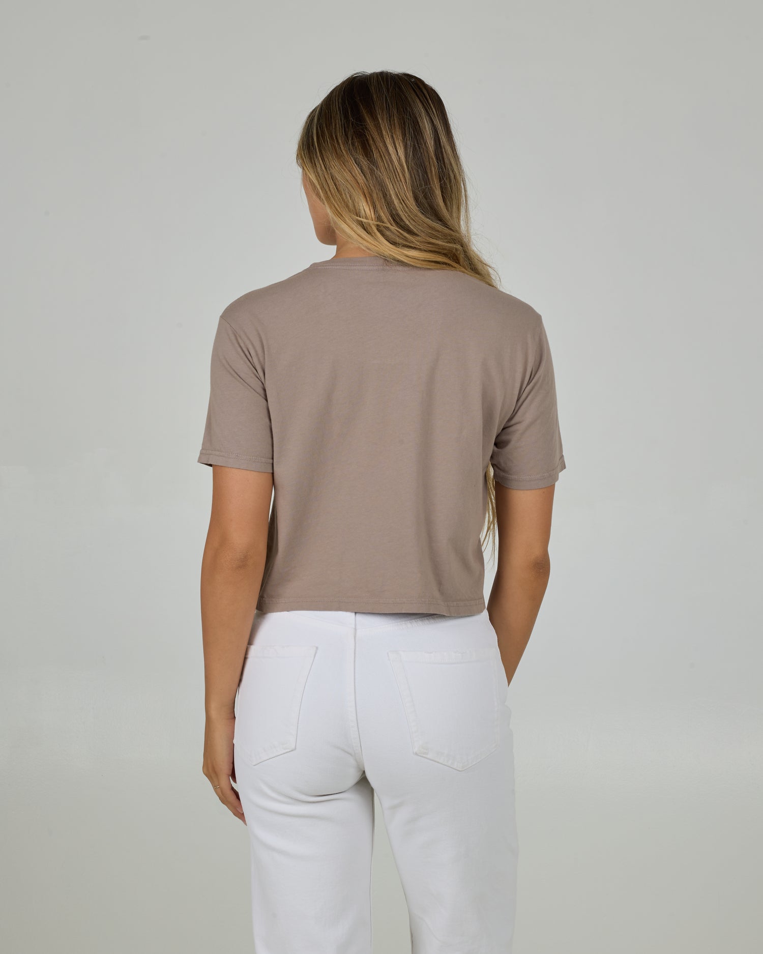 Back view of the Even Keel Crop Tee - Taupe 