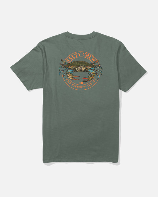 The Jimmy Crew Tee - Laurel Wreath by Salty Crew is a green cotton t-shirt featuring a screenprinted back graphic with a crab, a coastal scene, and the text “SALTY CREW” and “FIND REFUGE IN THE SEA.” Crafted from soft combed ringspun fabric for lasting comfort.
