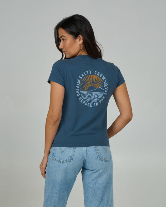 Back view of the Rays Modern Tee - Midnight Navy. 