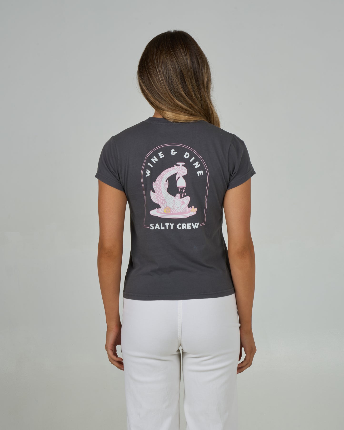 Back view of the Wine N Dine Modern Tee - Charcoal. 