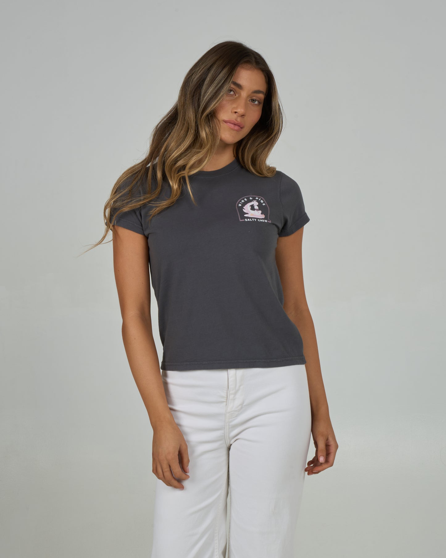 Front view of the Wine N Dine Modern Tee - Charcoal. 