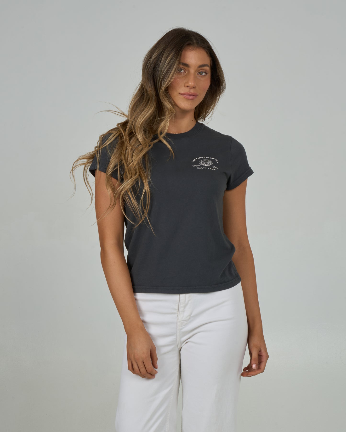 Front view of the Sunrise Shell Modern Tee - Charcoal. 