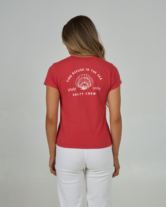 Back view of the Sunrise Shell Modern Tee - Fiesta Red. 