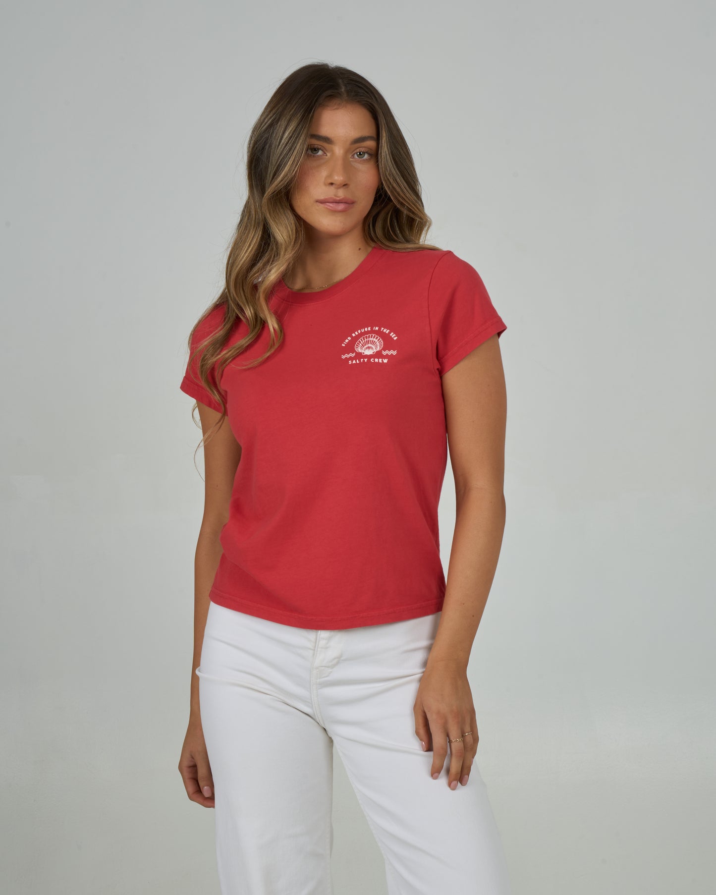 Front view of the Sunrise Shell Modern Tee - Fiesta Red. 