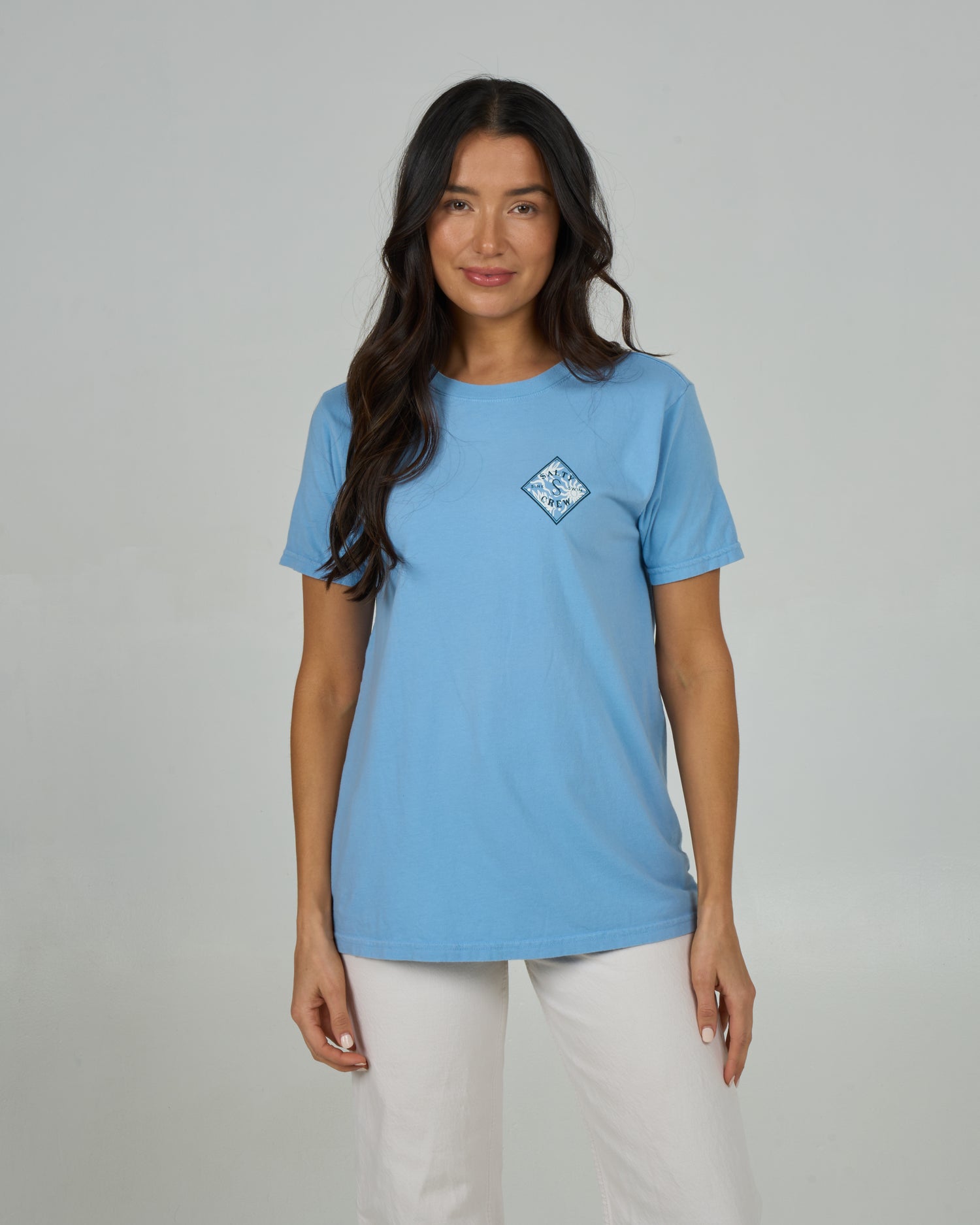 Front view of the Tippet Fill Boyfriend Tee - Marine Blue. 