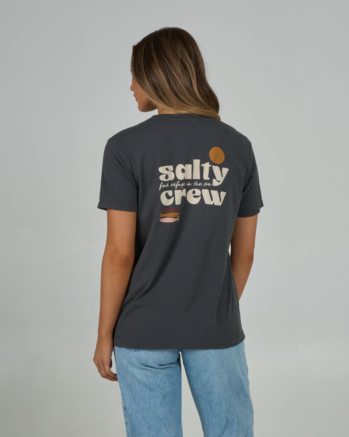 Back view of the Small Bite Boyfriend Tee - Charcoal. 