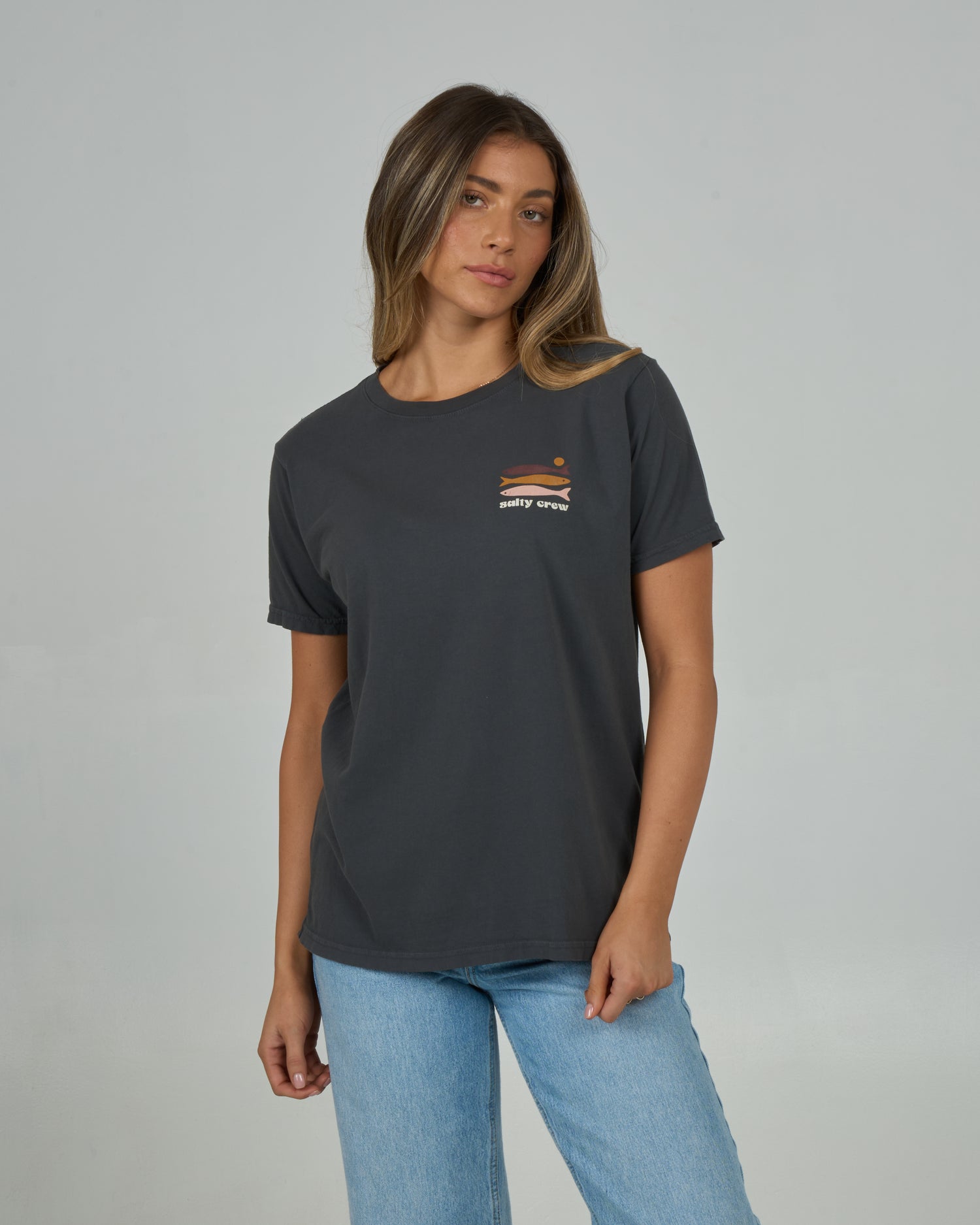 Front view of the Small Bite Boyfriend Tee - Charcoal. 