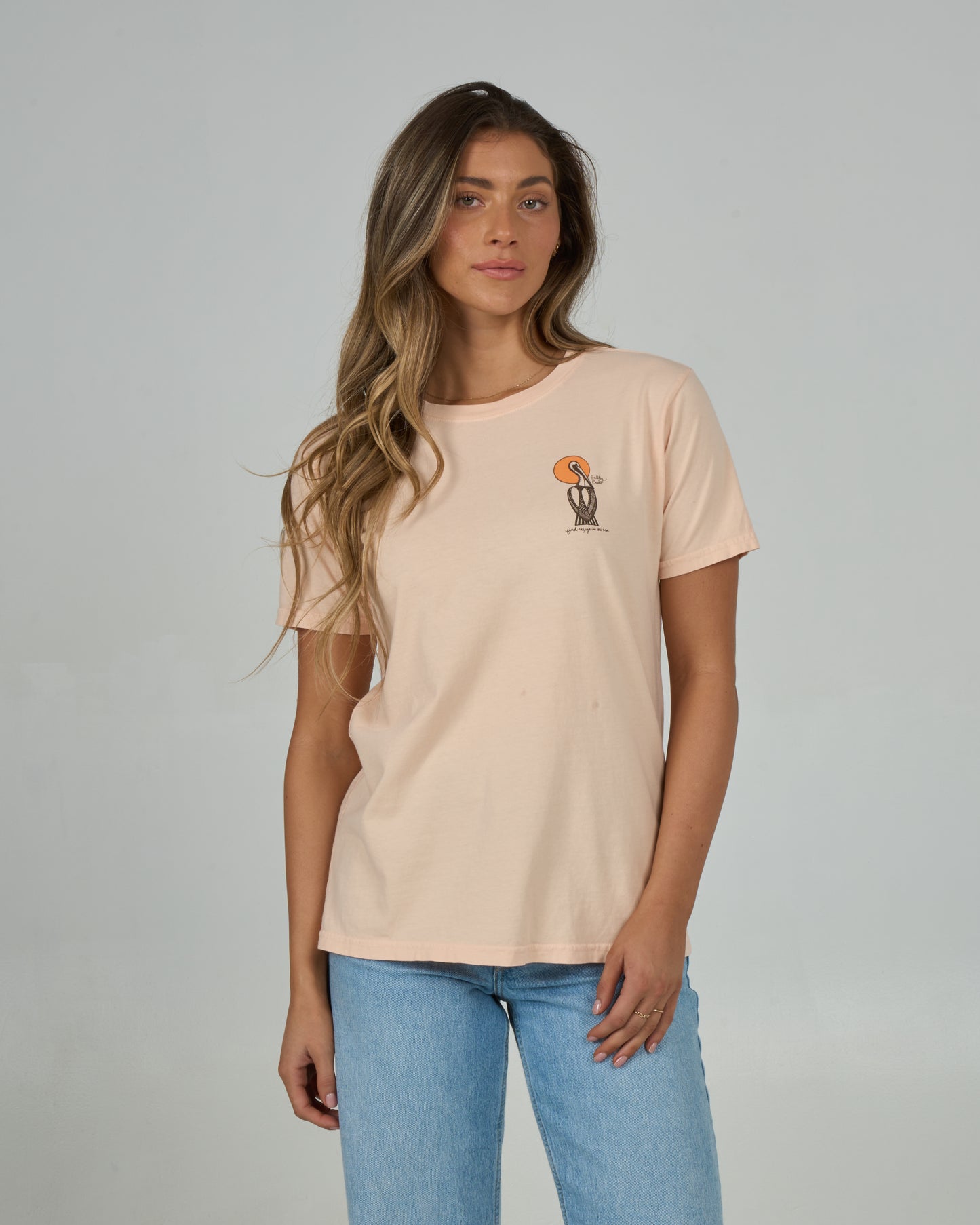 Front view of the Geo Pelican Boyfriend Tee - Peach Fizz. 