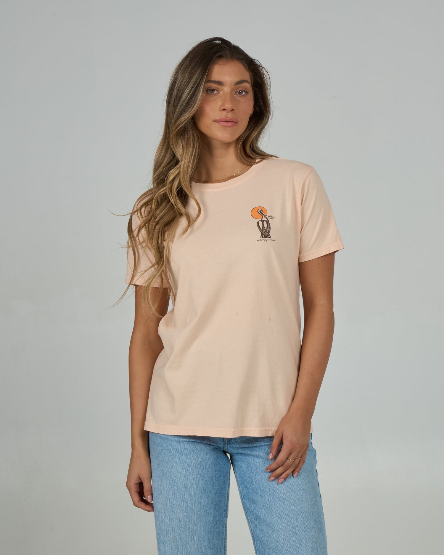 Front view of the Geo Pelican Boyfriend Tee - Peach Fizz. 